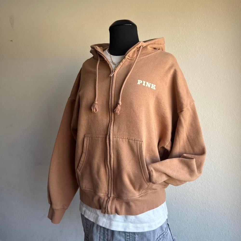 Victoria's Secret PINK tan camel oversized zip up hoodie large varsity P graphic - Picture 5 of 6